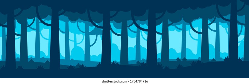 Vector illustration of a blue silhouette forest panoramic view, background with trees flat design.