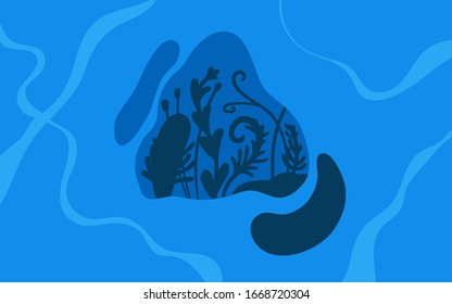 vector illustration of a blue silhouette landscape with water and leaf. Flat style. For websites, Landing pages and banners