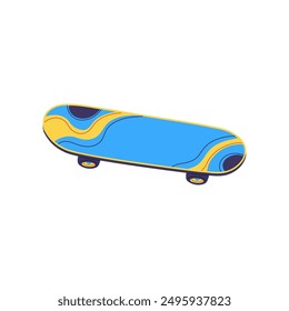 Vector illustration of a blue skateboard with yellow stripes on an isolated background. Retro 90's design. Suitable for various extreme sports design projects.