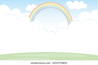 Vector illustration of blue sky background frame with rainbow and clouds