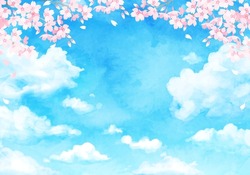 Vector Illustration Of Blue Sky And Cherry Blossoms (watercolor)