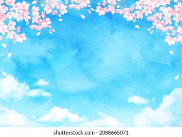 Ilustración vectorial del cielo azul y flores de cerezo (acuarela)