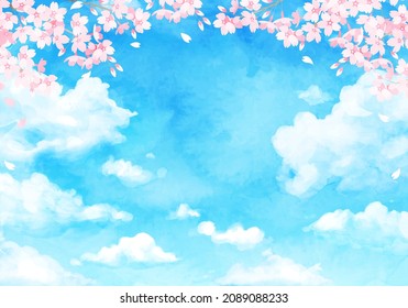 Vector illustration of blue sky and cherry blossoms (watercolor)