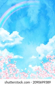 Vector illustration of blue sky and cherry blossoms (watercolor)