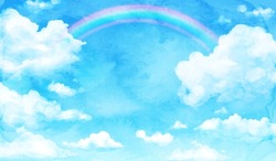 Vector Illustration Of Blue Sky, Clouds And Rainbow