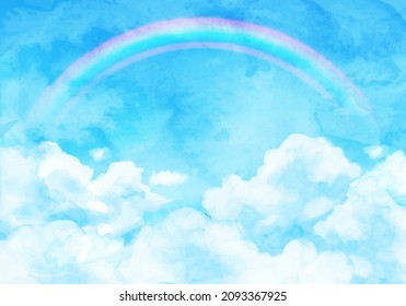 Ilustración vectorial del cielo azul, las nubes y el arco iris