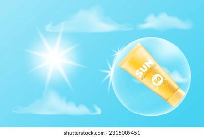 A vector illustration of a blue sky with clouds and sunlight, featuring a sunscreen tube with SPF 50. Perfect for summer sales, promotions, flyers, posters. Ideal for skin care, dermatology