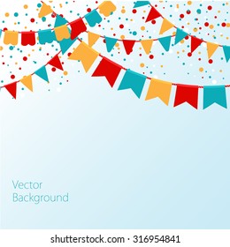 Vector illustration of Blue sky with colorful flags garlands. Holiday background with place for text.