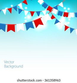 Vector illustration of Blue sky with colorful flags garlands. Holiday background with place for text.