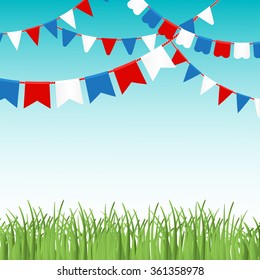 Vector illustration of Blue sky and green grass landscape  with colorful flags garlands. Holiday background with place for text.