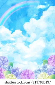 Ilustración vectorial del cielo azul, arco iris e hidrangea