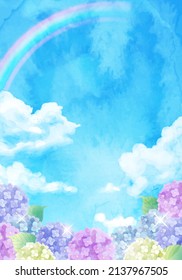 Vector illustration of blue sky, rainbow and hydrangea