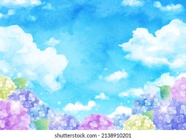 Vector illustration of blue sky, rainbow and hydrangea