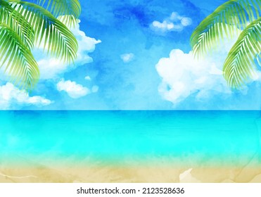 Vector illustration of blue sky, sea and palm trees