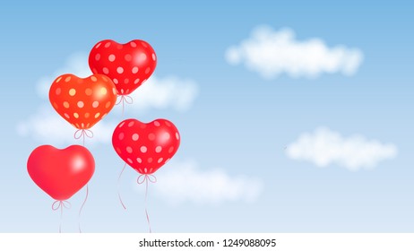 Vector illustration with blue sky, white clouds and soaring red balloons for greeting valentines cards, banner template.