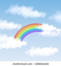 Vector illustration with blue sky, white clouds and colorful rainbow for greeting valentines cards, poster, banner background template.
