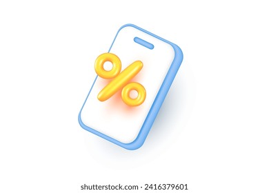 Vector illustration of blue smart phone with percent sign and shadow on white background. 3d style design of smart phone with sale sign for web, site, banner, poster