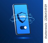 Vector illustration of a blue smartphone with a security shield. VPN technology privacy and security on the internet. Banner on blue background. Secure access to online data