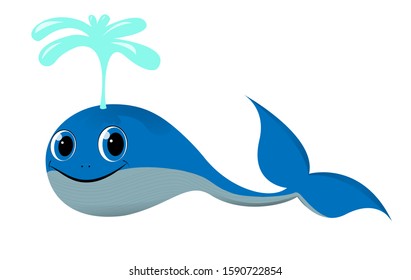 Vector illustration of a blue smiling whale with a fountain on a separate white background.