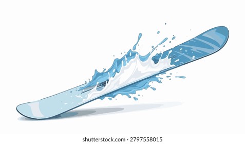Vector illustration of a blue snowboard at an angle with a dynamic blue and white splash of water or snow erupting from the edge, isolated on a plain white background for sports design.