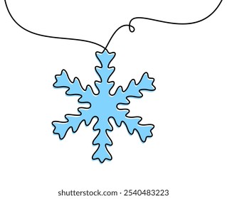 Vector illustration of a blue snowflake hanging on a curved line, ideal for winter and holiday themes.