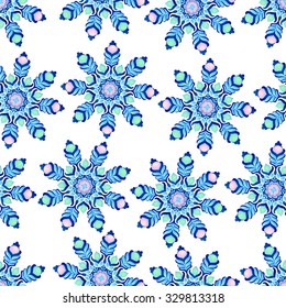 Vector illustration of blue snowflakes, elegant mandala. Winter endless texture, christmas seamless pattern, holiday design. Can be used as Christmas card, background, invitation, clothes design, etc
