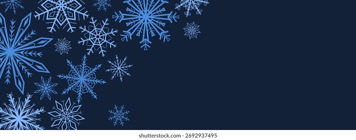 Ilustración vectorial de copos de nieve azules formando un borde de esquina sobre un fondo oscuro. Elegante diseño de invierno perfecto para tarjetas de Navidad, invitaciones, carteles y decoraciones navideñas