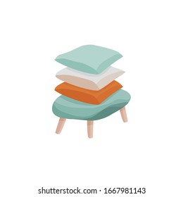 Vector illustration of a blue sofa side view in cartoon style. Small chair and 3 pillows. Furniture for interior Isolated on a white background.