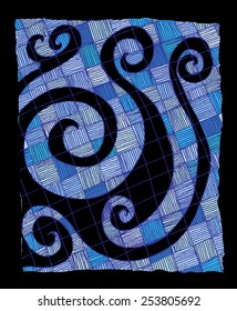 Vector illustration of blue spectrum abstract spiral checkers drawing. Hand drawn image, sea.