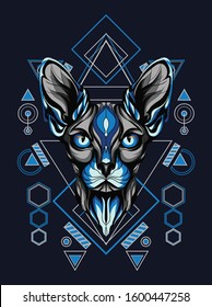 Vector illustration blue sphinx cat with geometric pattern