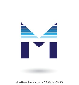 Vector Illustration of Blue Spiky Letter M with Horizontal Stripes isolated on a White Background