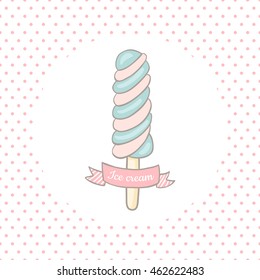 vector illustration of a blue spiral ice cream and ribbon on dotted background