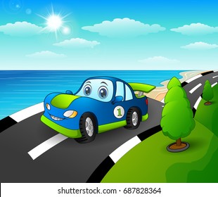 Vector illustration of Blue sport car in the seaside road