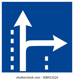 Vector illustration blue square traffic sign isolated on white background. Road sign arrow ahead go straight or right.