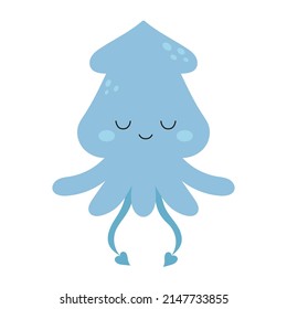 vector illustration with blue squid isolated on white background, sea animal in cartoon childish style