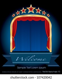 vector illustration of blue stage with red curtain and stars