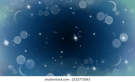 Vector illustration of a blue starry night background featuring soft glowing moons, stars, and bokeh light effects. The design has a cosmic and dreamy atmosphere.