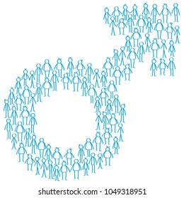 Vector illustration of blue stick figures standing in shape of male gender symbol isolated on white background