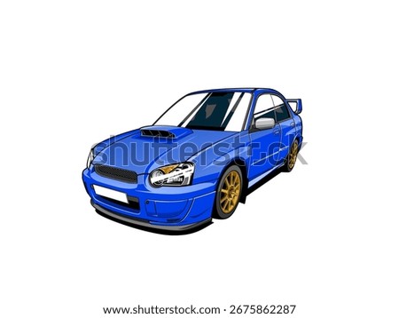 Vector illustration of blue Subaru Impreza WRX STI sports car with golden wheels