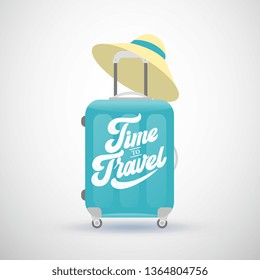 Vector illustration. Blue suitcase with a beautiful inscription "Time to Travel" on an isolated background. On the suitcase hangs a straw hat."Time to Travel" handwritten lettering. Flat design. 