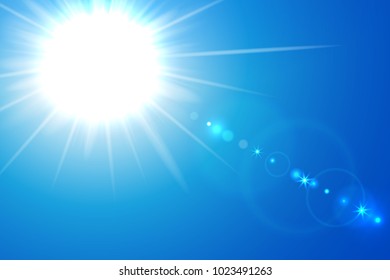 Vector illustration of blue sunny background with sun and lens flare