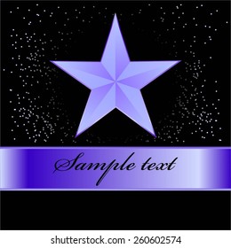 Vector illustration of Blue superstar, ribbon and sparkles on a black background.