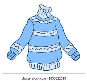 Vector illustration blue sweater with white pattern isolated on the white background. Cotton or Wool sweaters. Warm winter cozy Sweater. Color Hand drawn illustration for web, logo, icon, app, UI