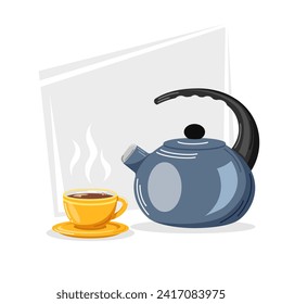 Ilustración vectorial de una tetera azul con una taza amarilla de bebida caliente. Ilustración del desayuno, la comida y las bebidas. Cocina. Equipo para la preparación de bebidas aromáticas.