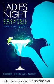 Vector illustration blue template party event happy hour ladies night flyer design with cocktail glass