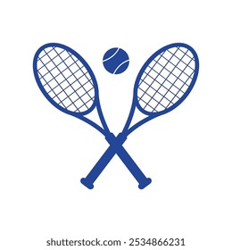 Ilustración vectorial de raquetas de tenis azules y una pelota de tenis sobre un fondo blanco.