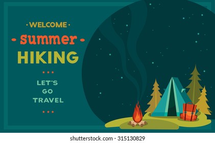 Vector illustration with blue tent, backpack and campfire on a night starry sky. Summer hiking.