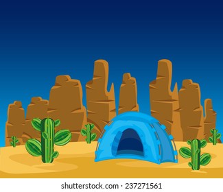 Vector illustration of the blue tent in desert amongst cactus