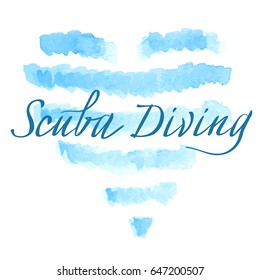Vector illustration of a blue text 'Scuba Diving' and a heart
