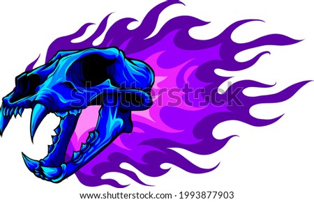 Vector illustration of blue tiger skull with flames